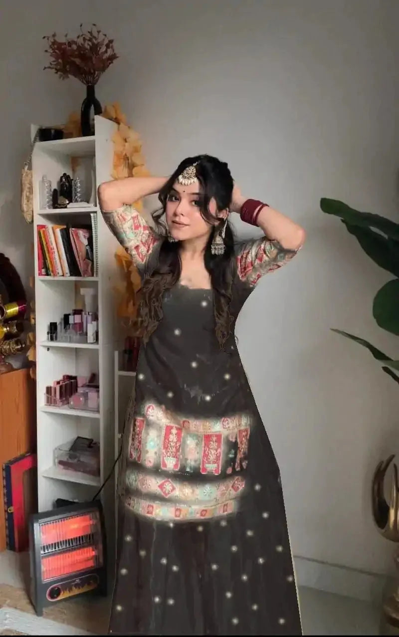Elegant Heavy Chinnon Silk Embroidered Sharara Set – Top, Palazzo & Dupatta