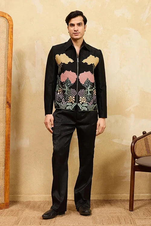 Black Velvet Wedding Bomber Suit for Mens Wear