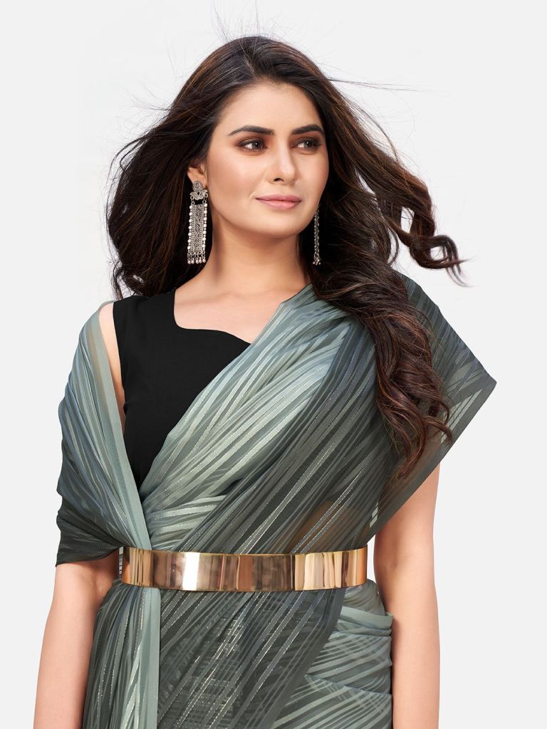 Blazeing Grey Ready to Wear Saree With Metal Belt