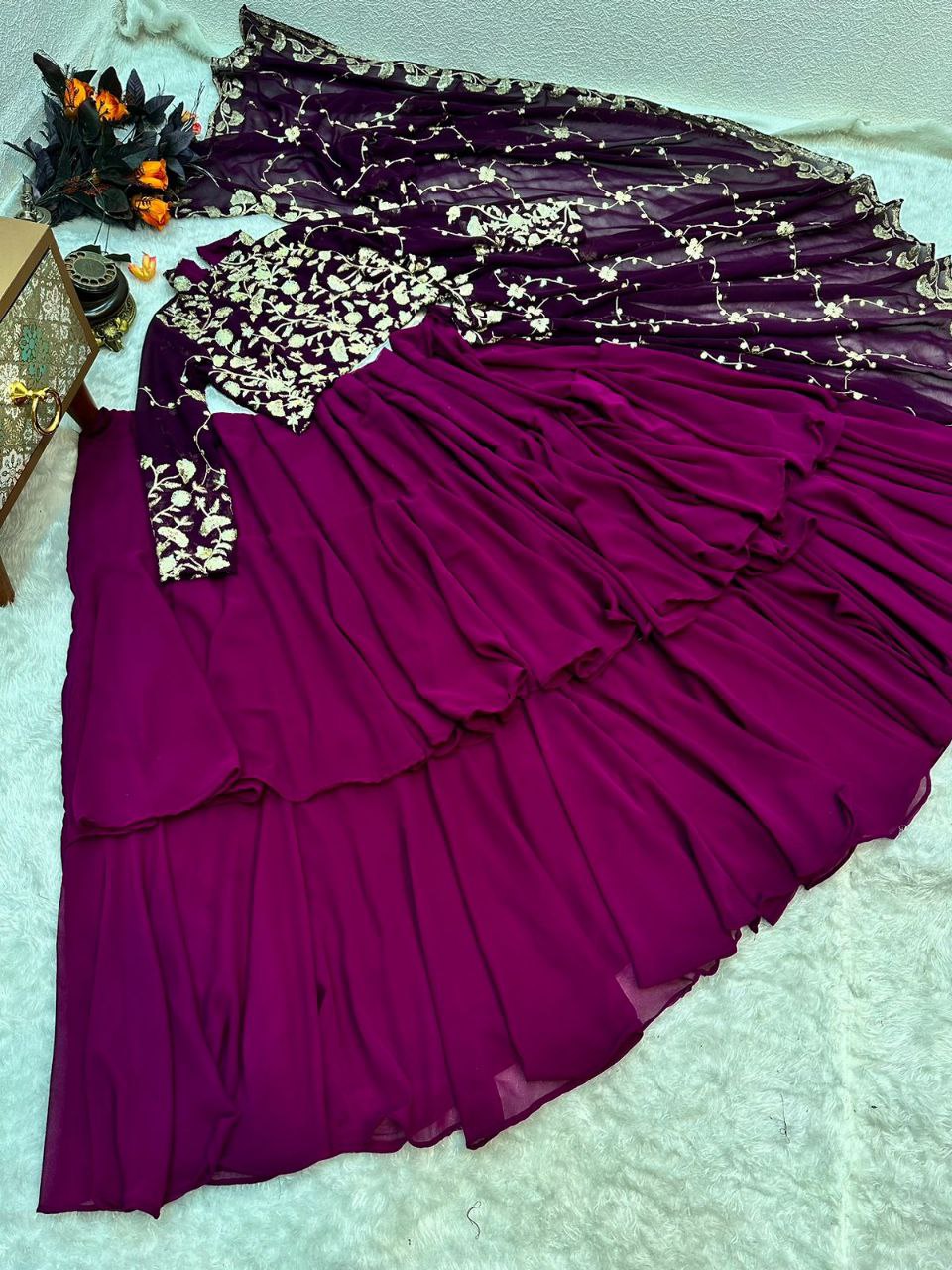 Blissful Ruffle Style Wine Color Ready To Wear Party Wear Saree
