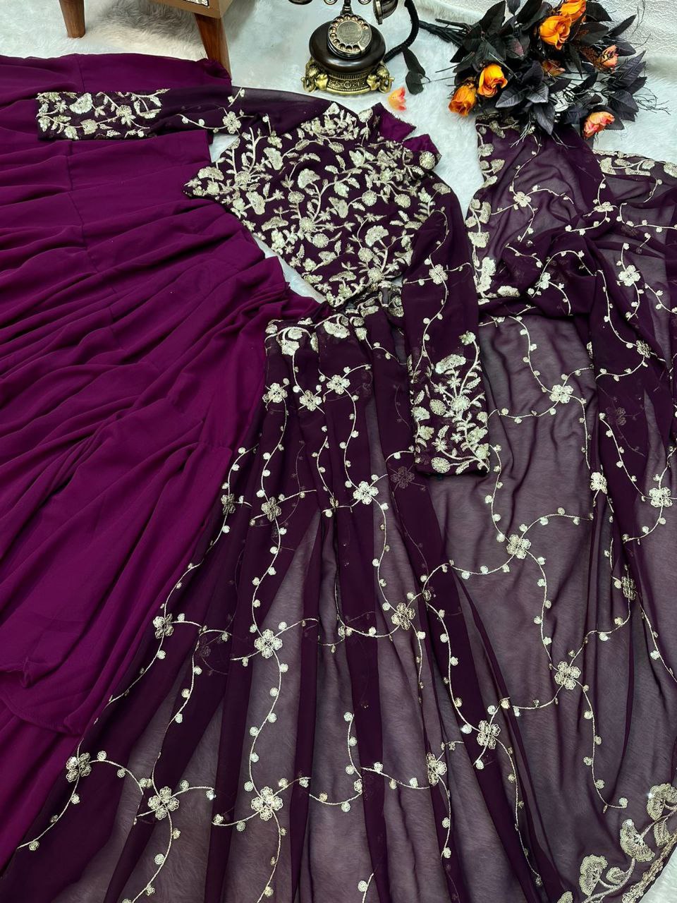 Blissful Ruffle Style Wine Color Ready To Wear Party Wear Saree