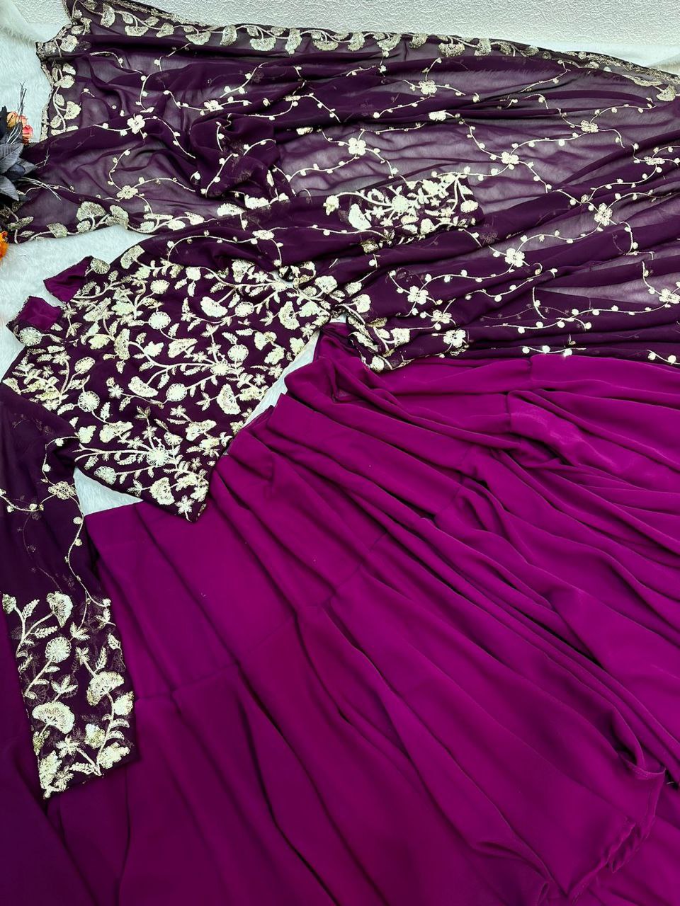 Blissful Ruffle Style Wine Color Ready To Wear Party Wear Saree