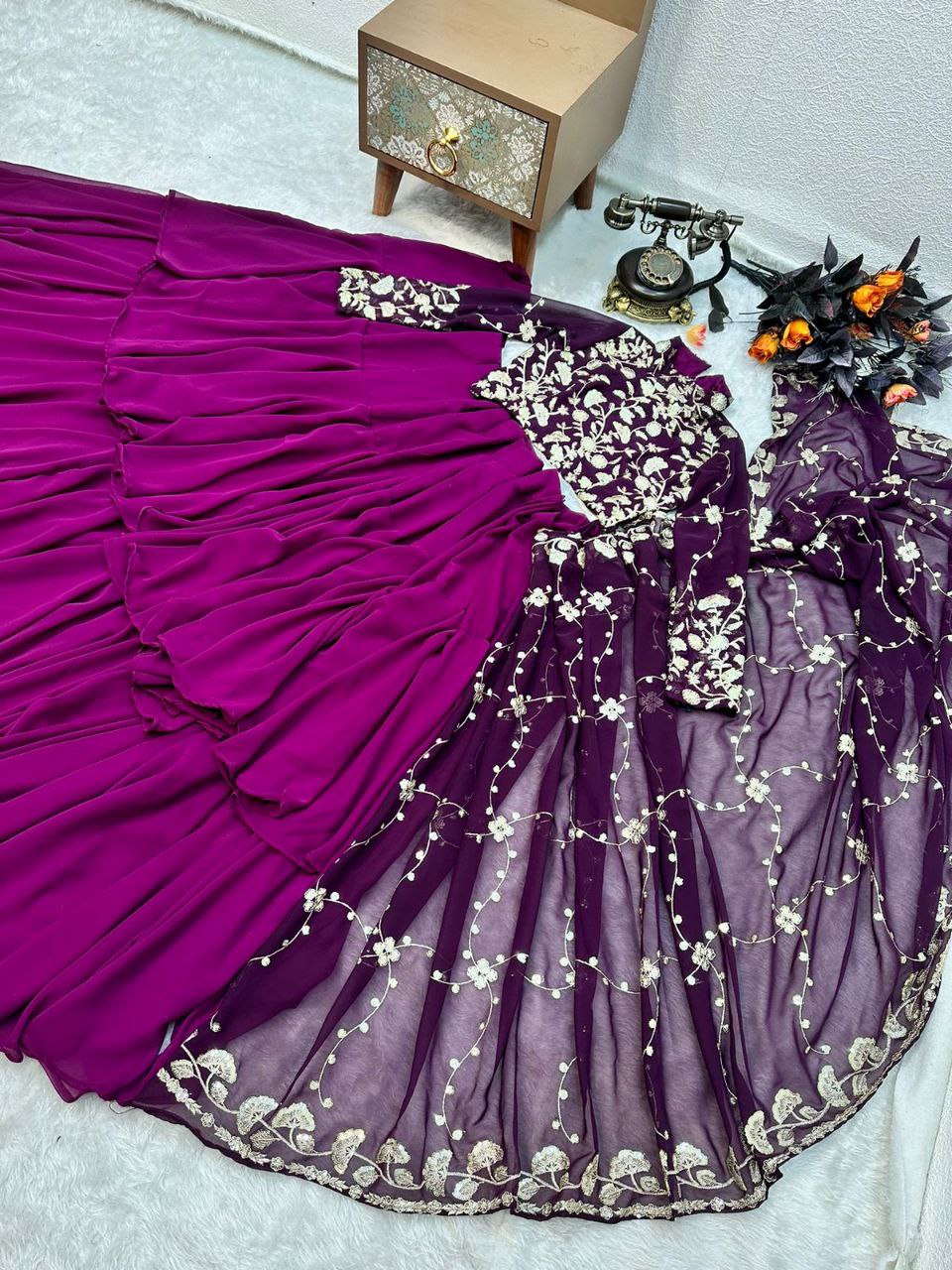 Blissful Ruffle Style Wine Color Ready To Wear Party Wear Saree