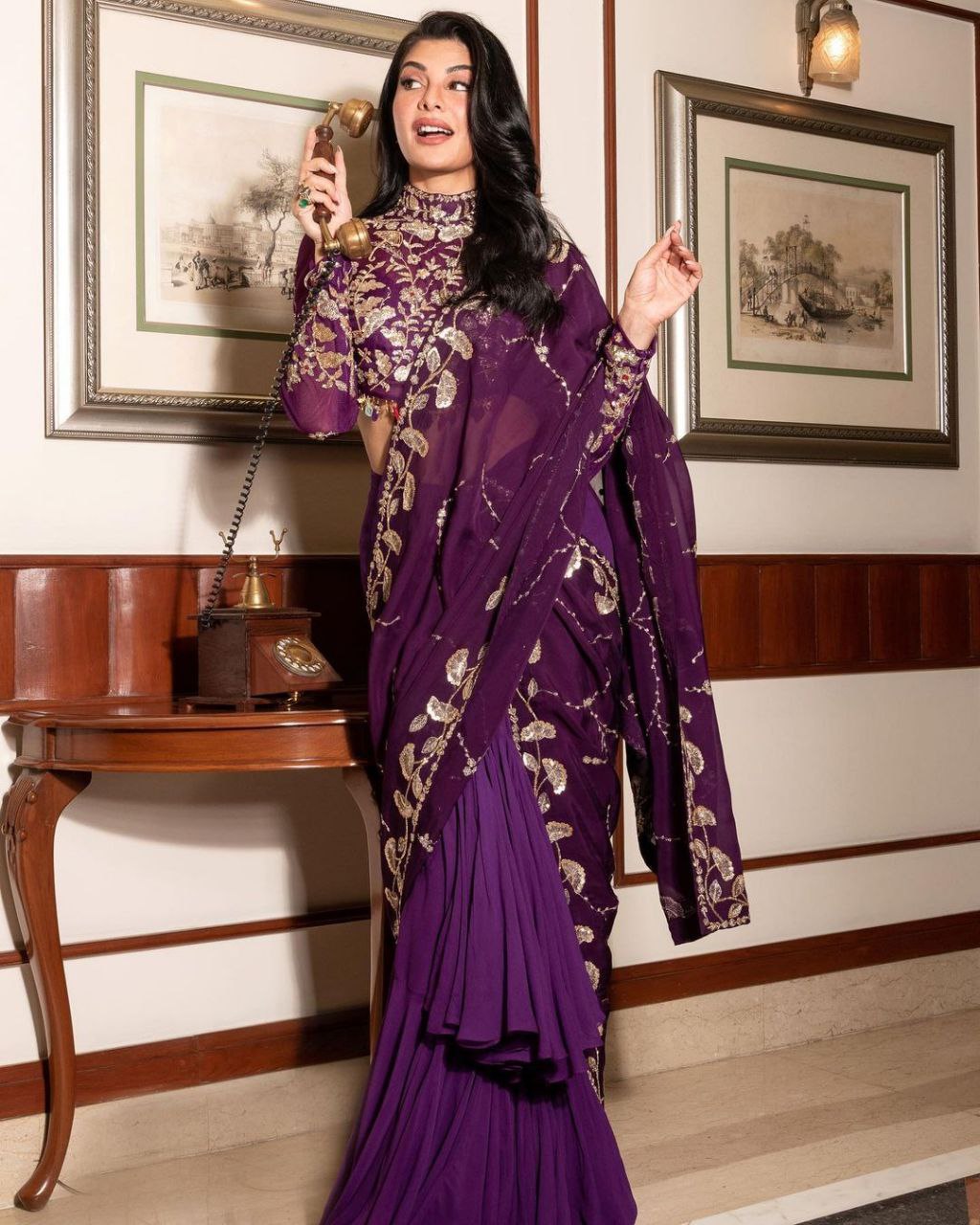 Blissful Ruffle Style Wine Color Ready To Wear Party Wear Saree
