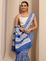 Libas Blue Chevron Printed Cotton Saree With Unstitched Blouse Piece