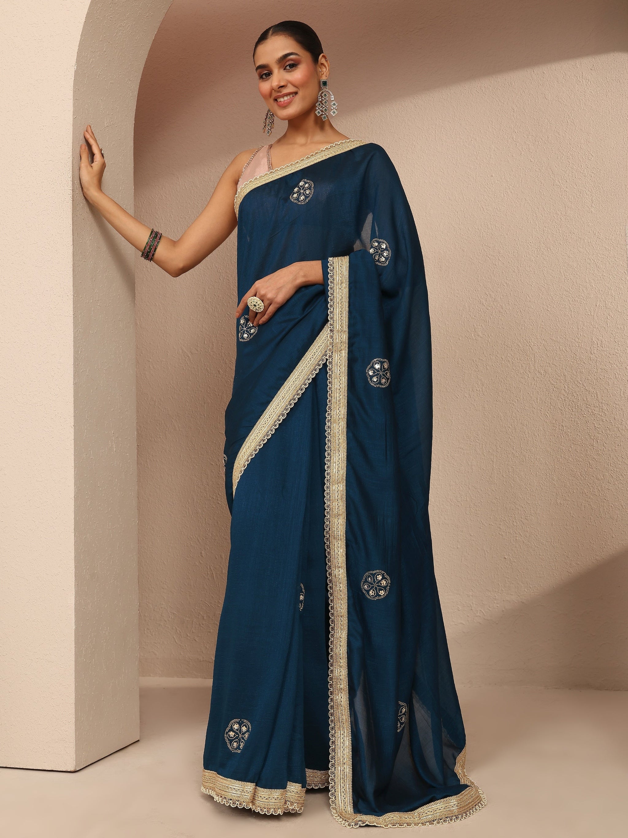 Libas Blue Embellished Silk Blend Saree With Unstitched Blouse Piece