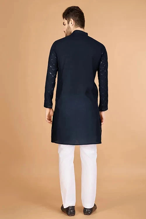 Navy Viscose Fabric Embroidered Traditional Kurta for Mens Wear