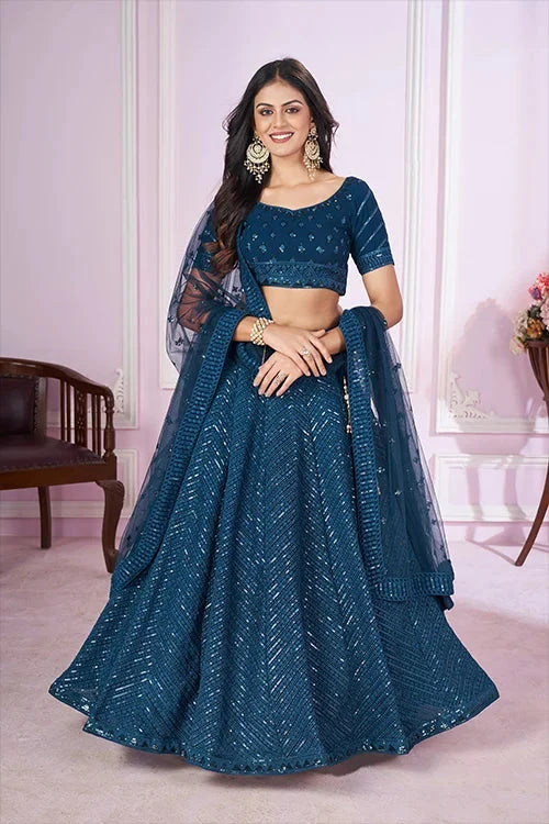 Stylish Blue Georgette Lehenga Choli with Net Dupatta