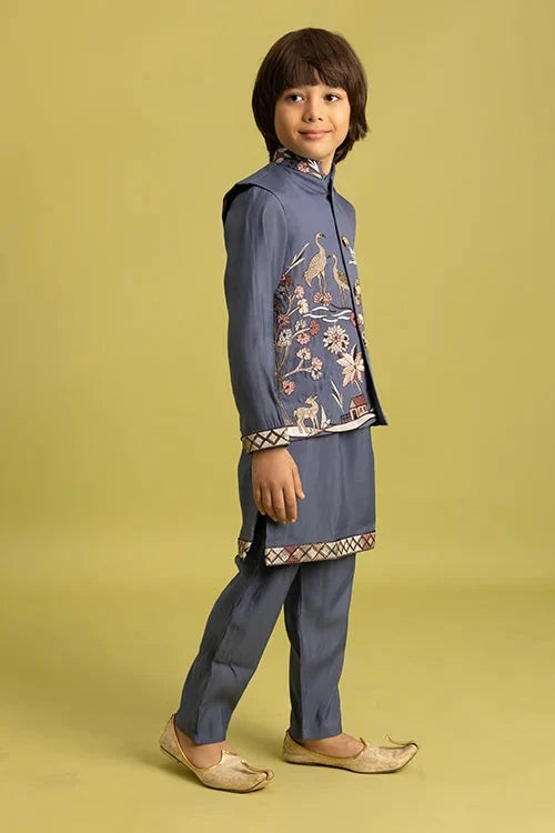 Wedding Special Kids Blue Grey Koti Kurta Outfit