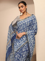 Libas Blue Ikat Printed Cotton Saree With Unstitched Blouse Piece