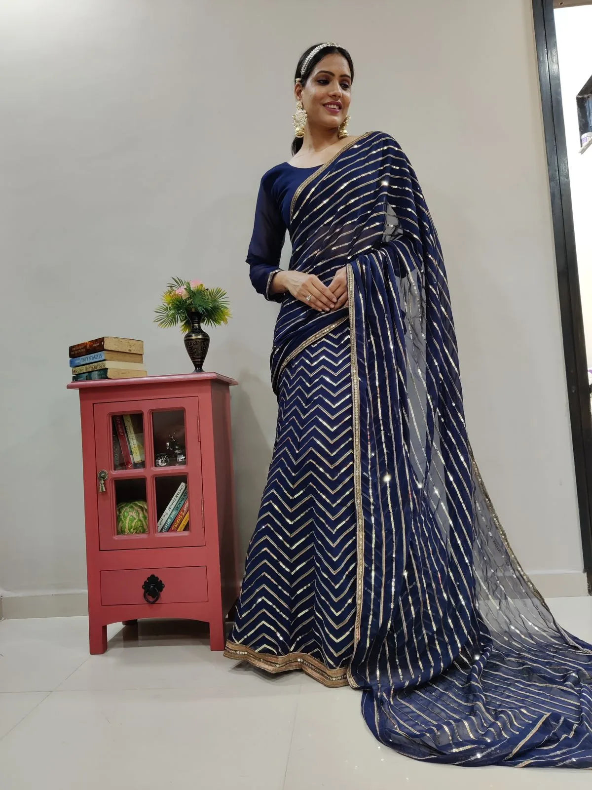 Blue Lehenga Saree In Georgette With Sequence Work