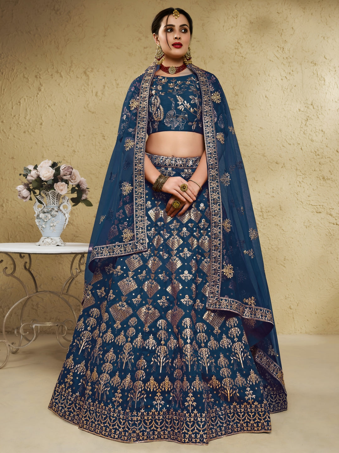 Blue Art Silk Lehenga Choli with Zari & Sequin Embroidery