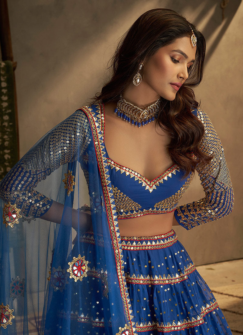 Blue And Gold Stylish Embroidered Lehenga Choli