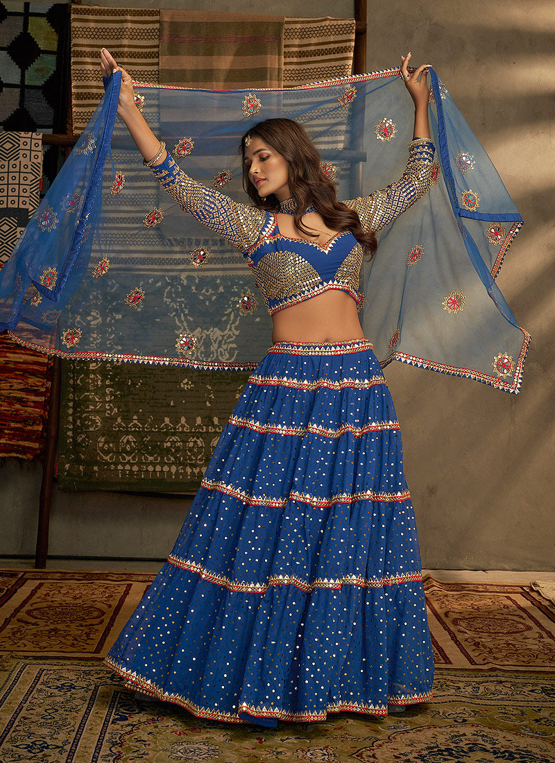 Blue And Gold Stylish Embroidered Lehenga Choli