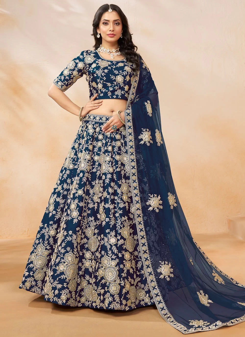 Elegant blue art silk sequins work wedding lehenga