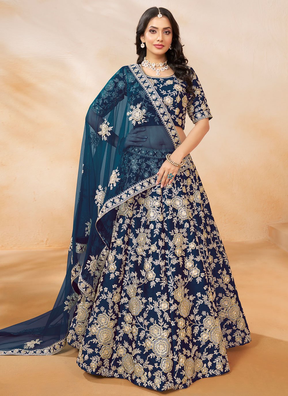Elegant blue art silk sequins work wedding lehenga