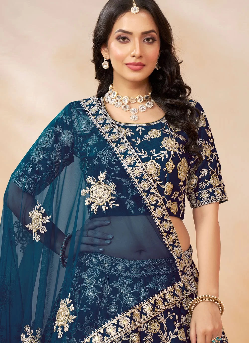 Elegant blue art silk sequins work wedding lehenga