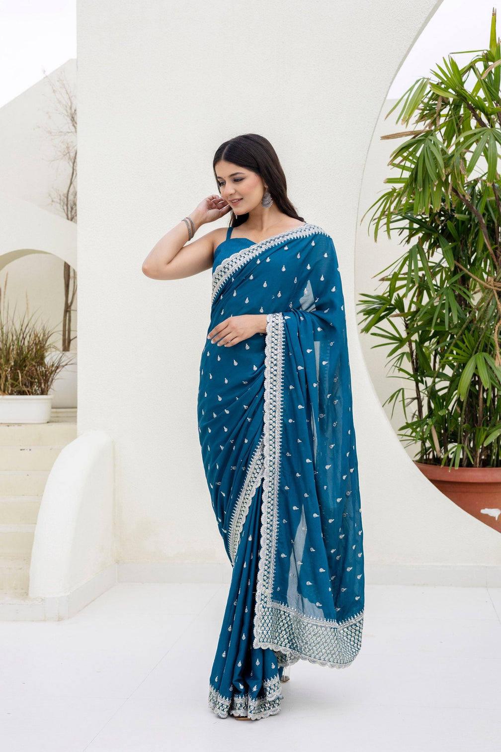 Blue Elegant Chinon Saree with Zari, Dori & 4mm Sequins Work with Banglori Silk Blouse – Festive Wear