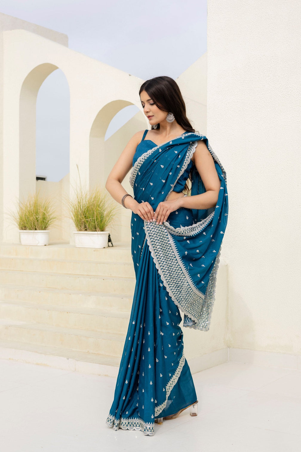 Blue Elegant Chinon Saree with Zari, Dori & 4mm Sequins Work with Banglori Silk Blouse – Festive Wear