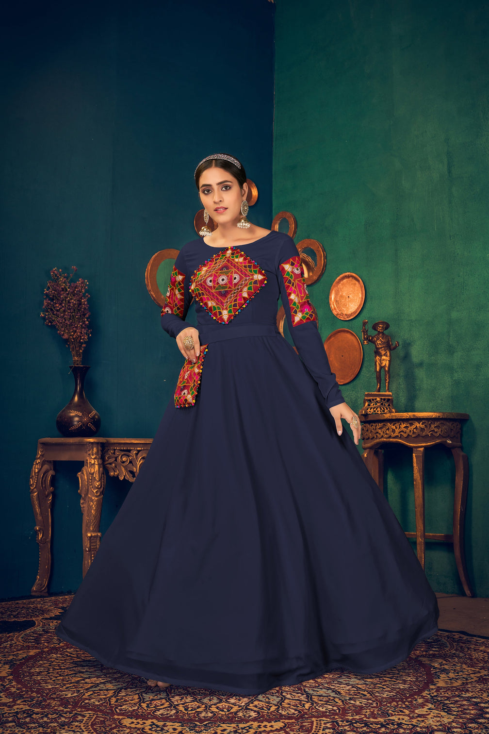 Blue Embroidered Georgette Evening Long Gown Semi Stitched