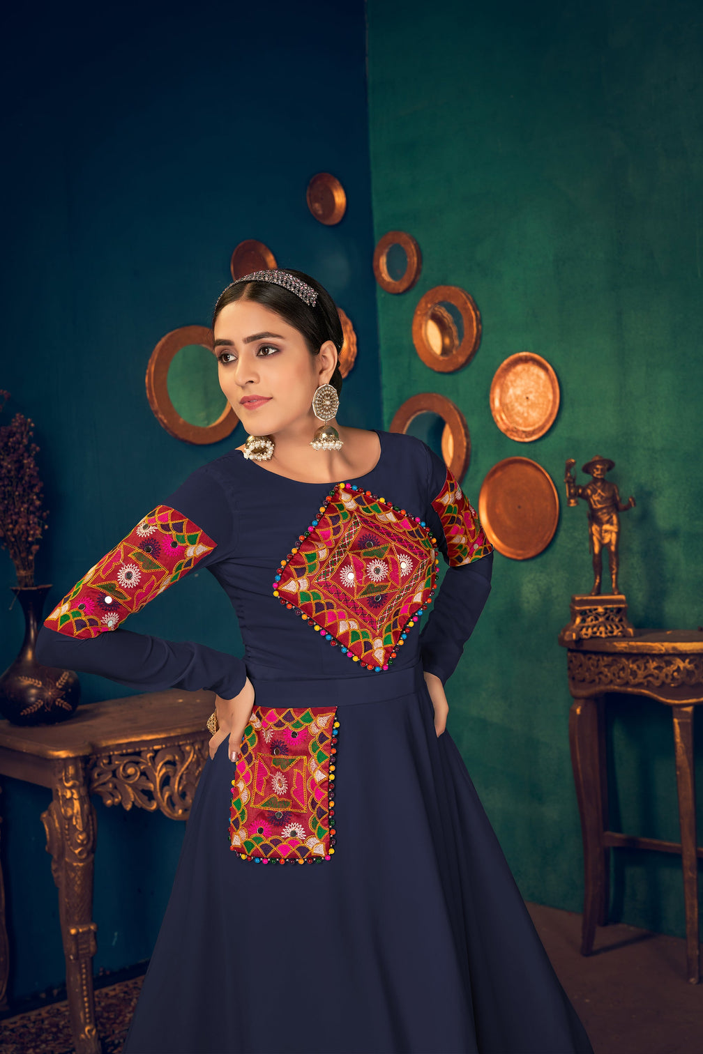 Blue Embroidered Georgette Evening Long Gown Semi Stitched