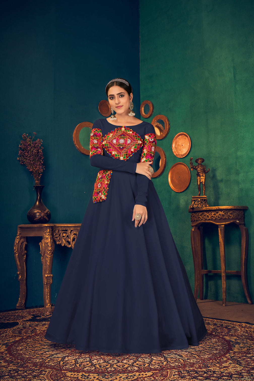 Blue Embroidered Georgette Evening Long Gown Semi Stitched