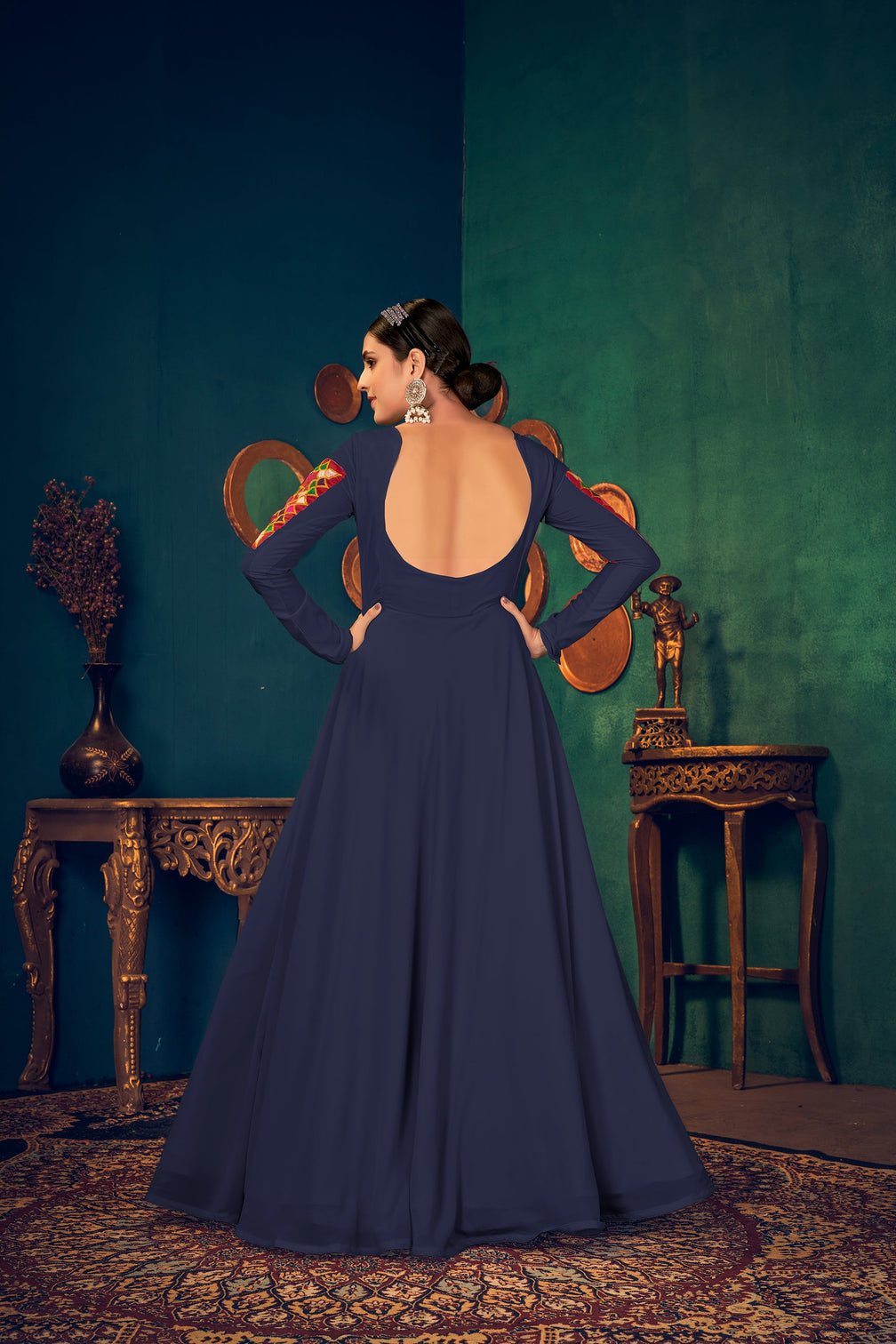 Blue Embroidered Georgette Evening Long Gown Semi Stitched