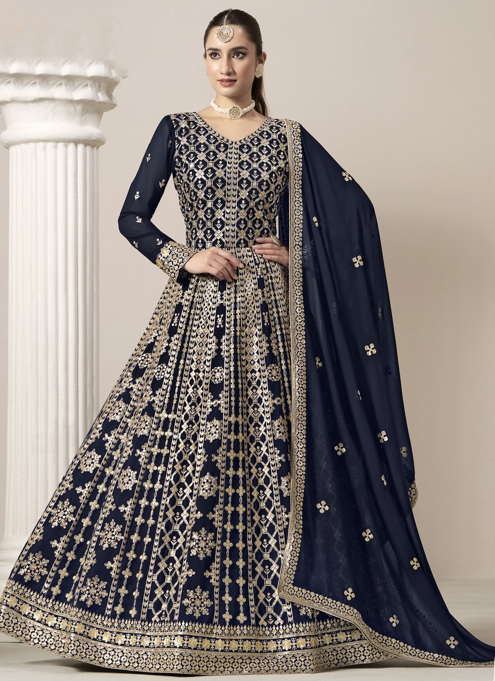 Graceful blue faux georgette anarkali suit with intricate embroidery
