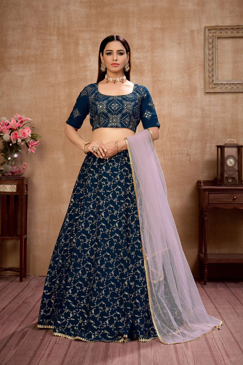 Blue Foil Print Georgette Wedding Wear Lehenga Choli