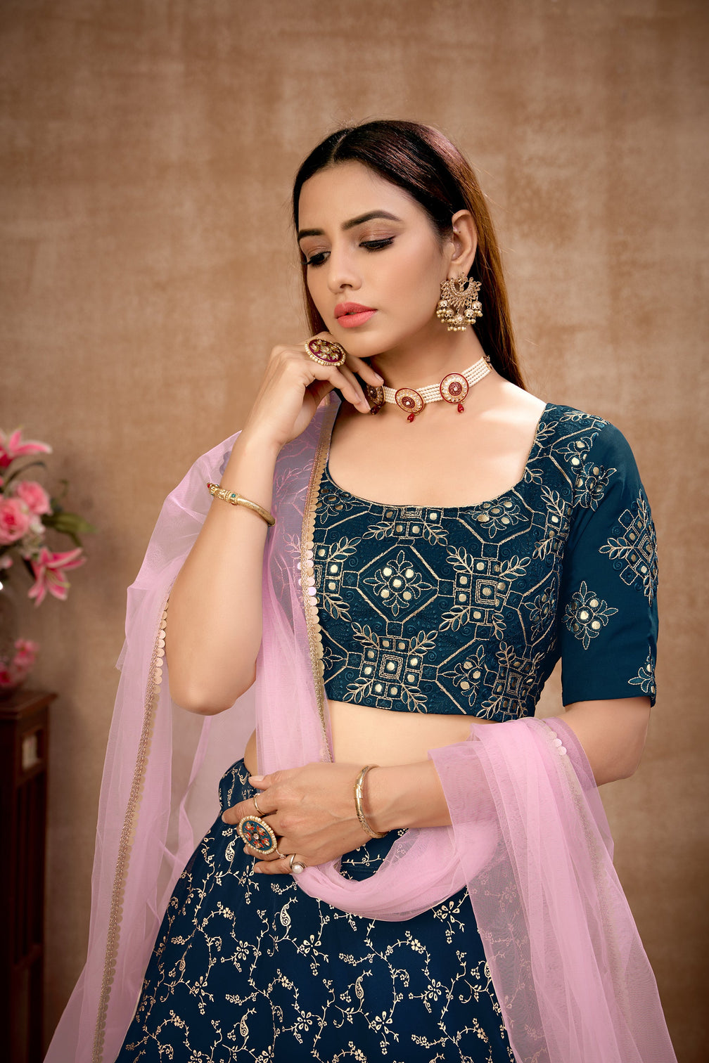 Blue Foil Print Georgette Wedding Wear Lehenga Choli
