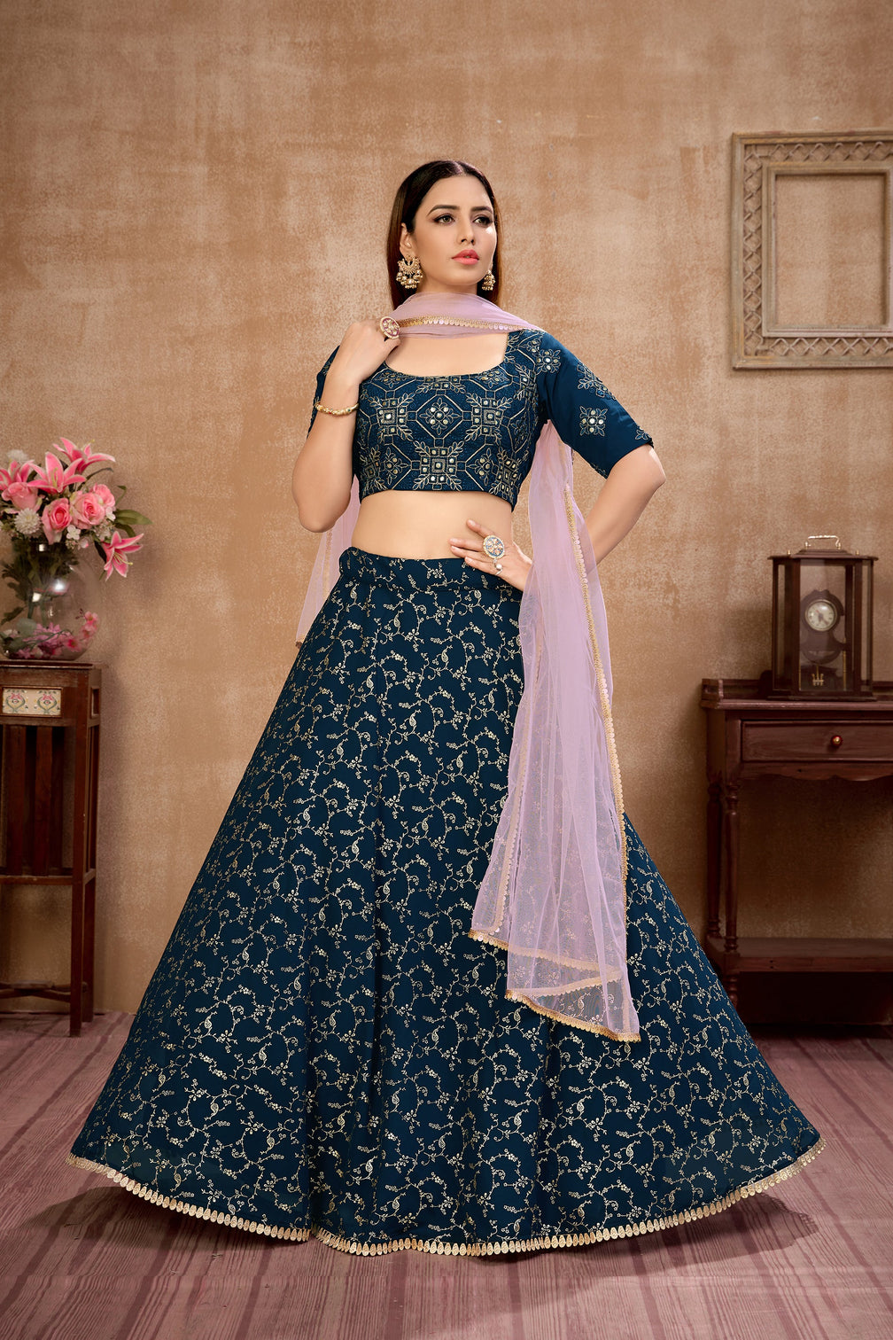 Blue Foil Print Georgette Wedding Wear Lehenga Choli