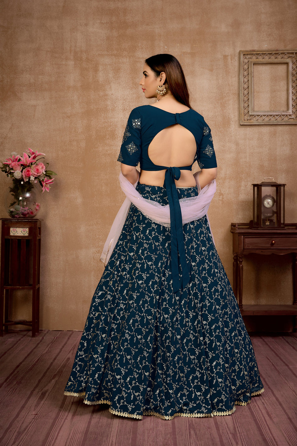 Blue Foil Print Georgette Wedding Wear Lehenga Choli