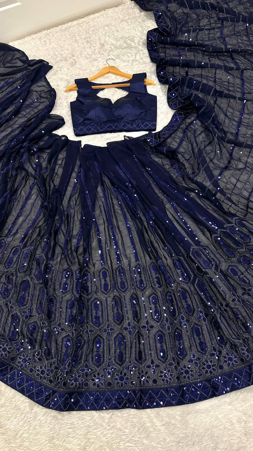 Blue Georgette Saree with Sequins, Thread & Dori Work with Japan Satin Blouse Piece