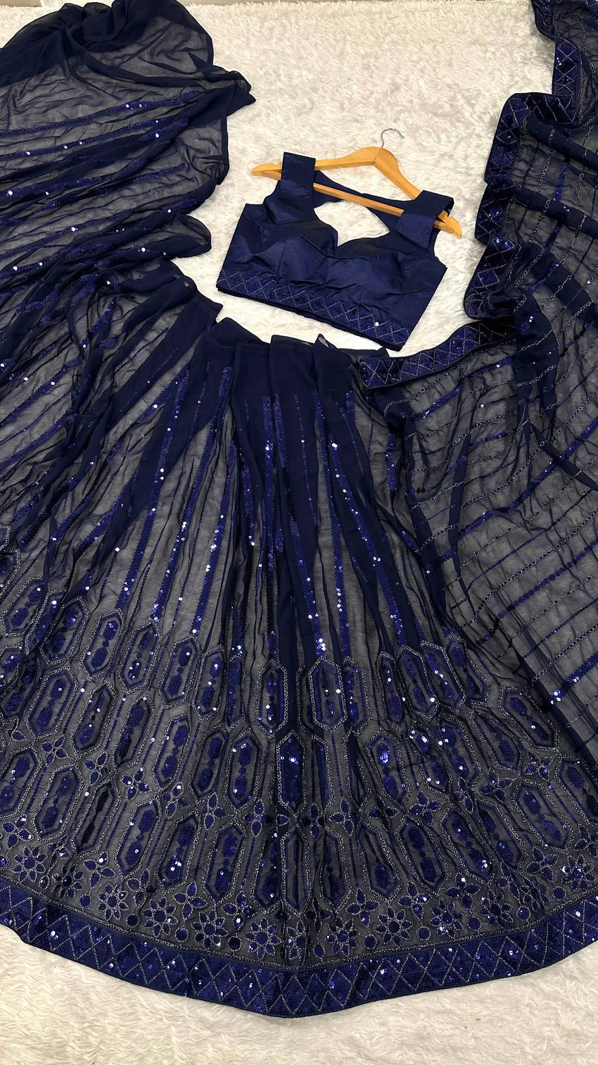 Blue Georgette Saree with Sequins, Thread & Dori Work with Japan Satin Blouse Piece