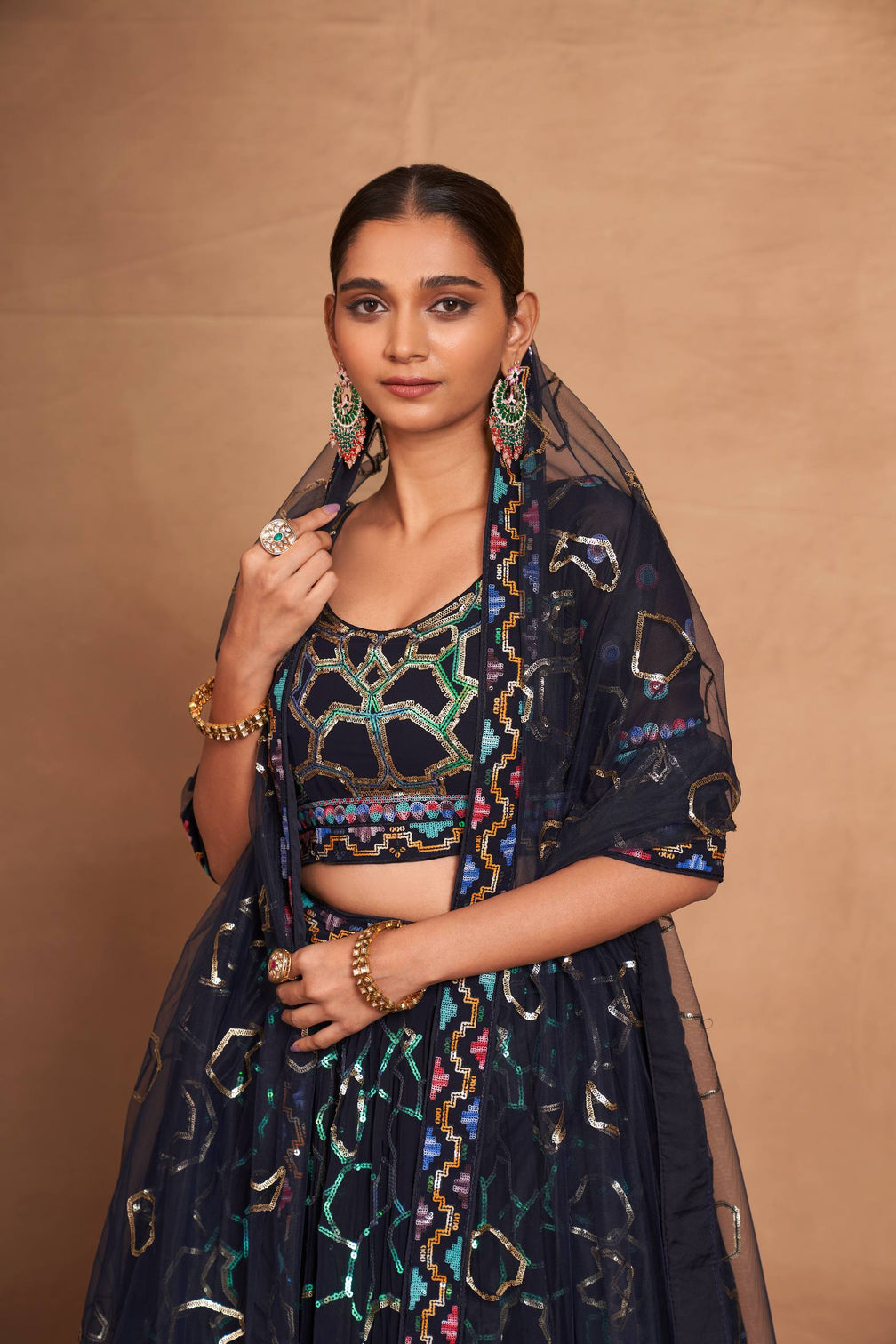 Blue Heavy Georgette Embroidered Lehenga Choli Set with Sequins & Net Dupatta