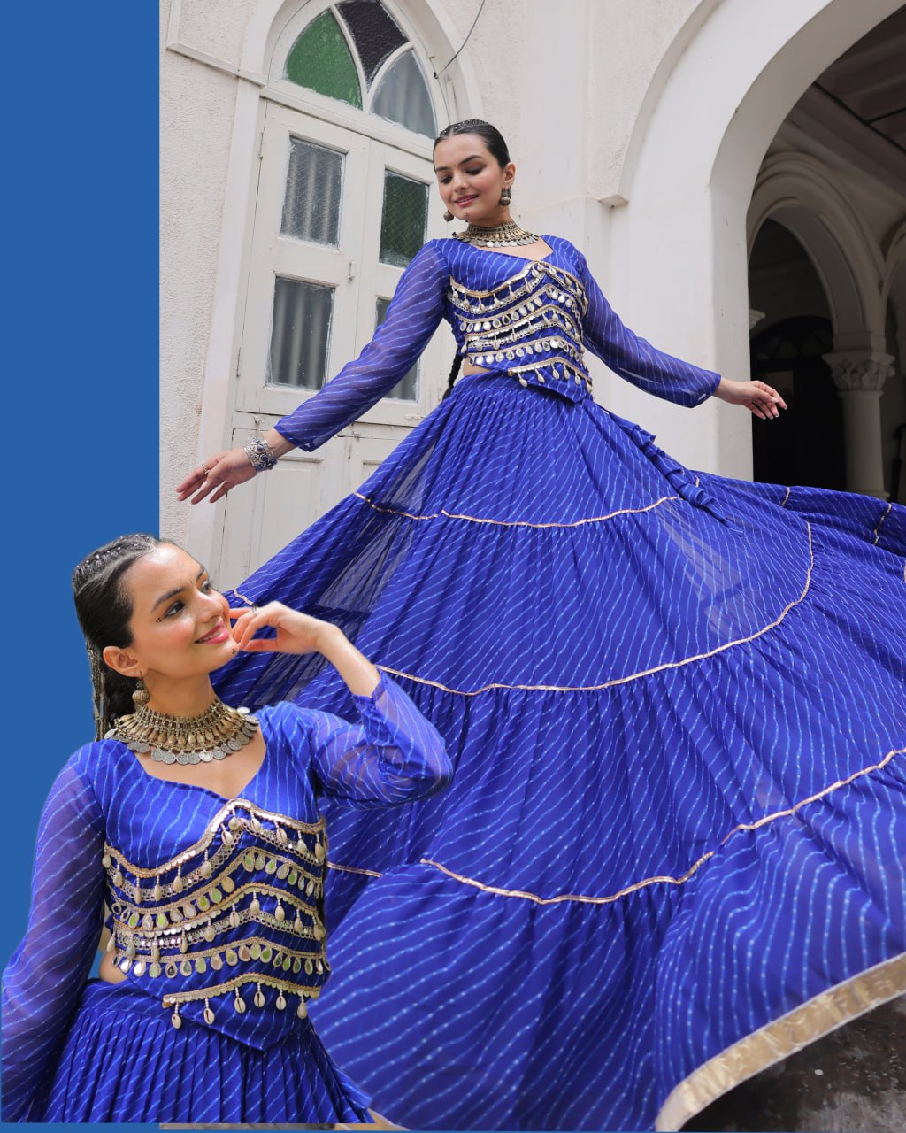 Blue Navratri Special Leheriya Print Lehenga Choli with 12 Mtr Flair & Mirror Lace Work