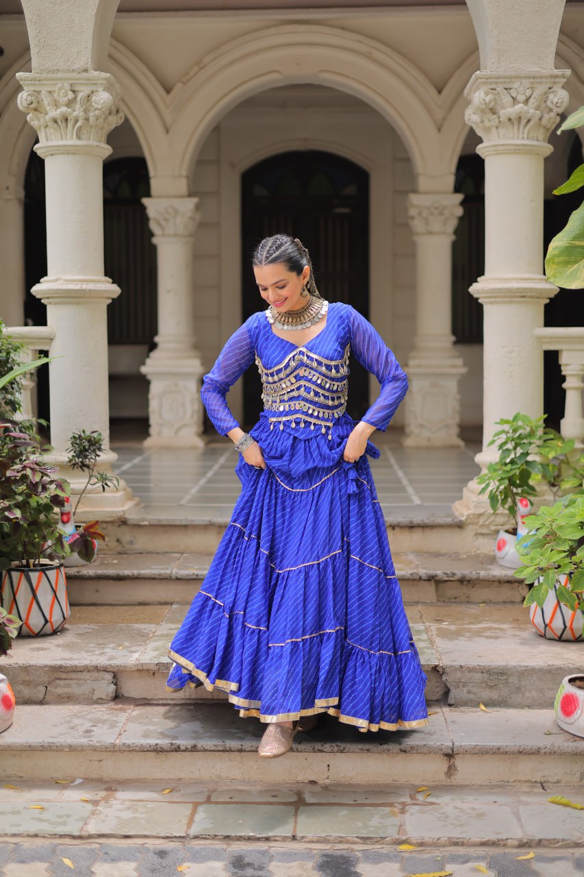 Blue Navratri Special Leheriya Print Lehenga Choli with 12 Mtr Flair & Mirror Lace Work