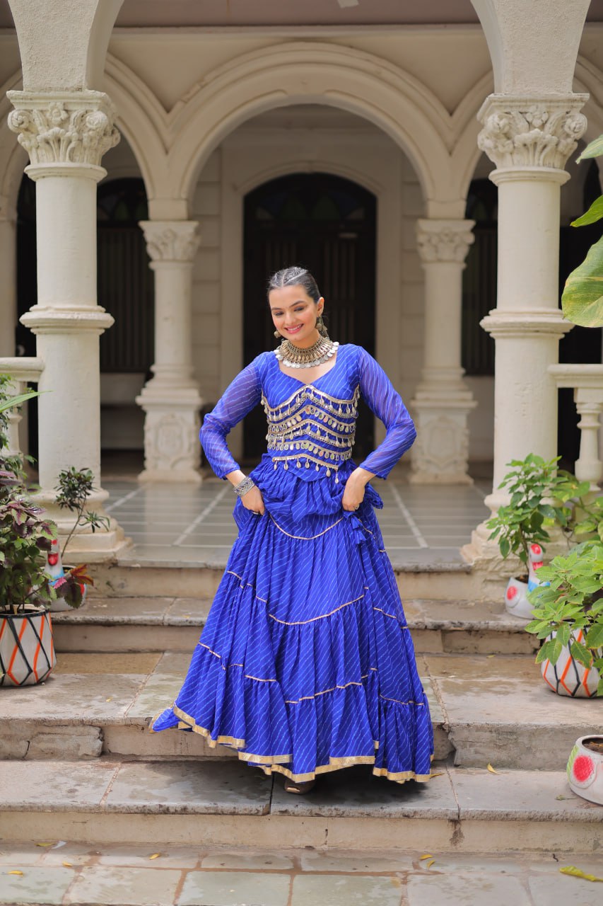 Blue Navratri Special Leheriya Print Lehenga Choli with 12 Mtr Flair & Mirror Lace Work