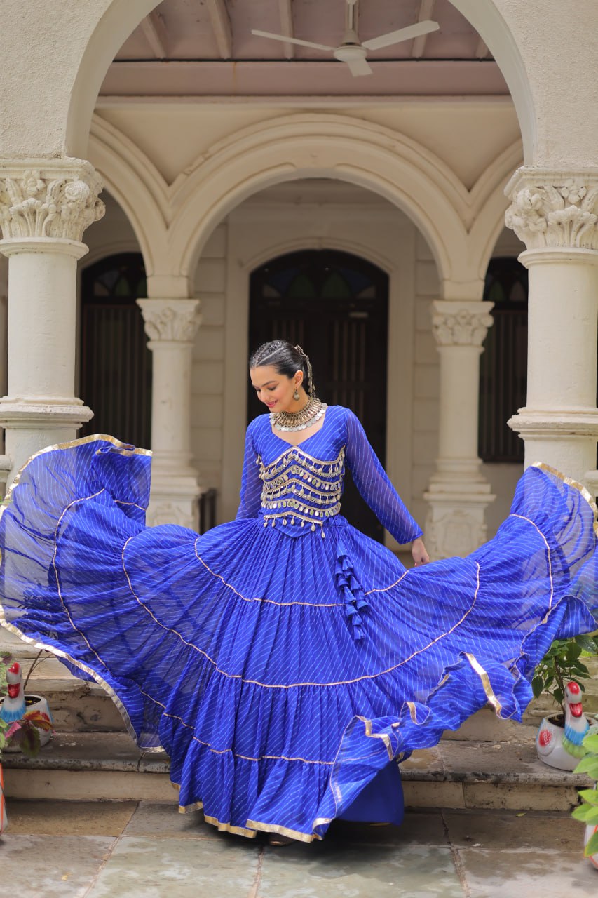 Blue Navratri Special Leheriya Print Lehenga Choli with 12 Mtr Flair & Mirror Lace Work