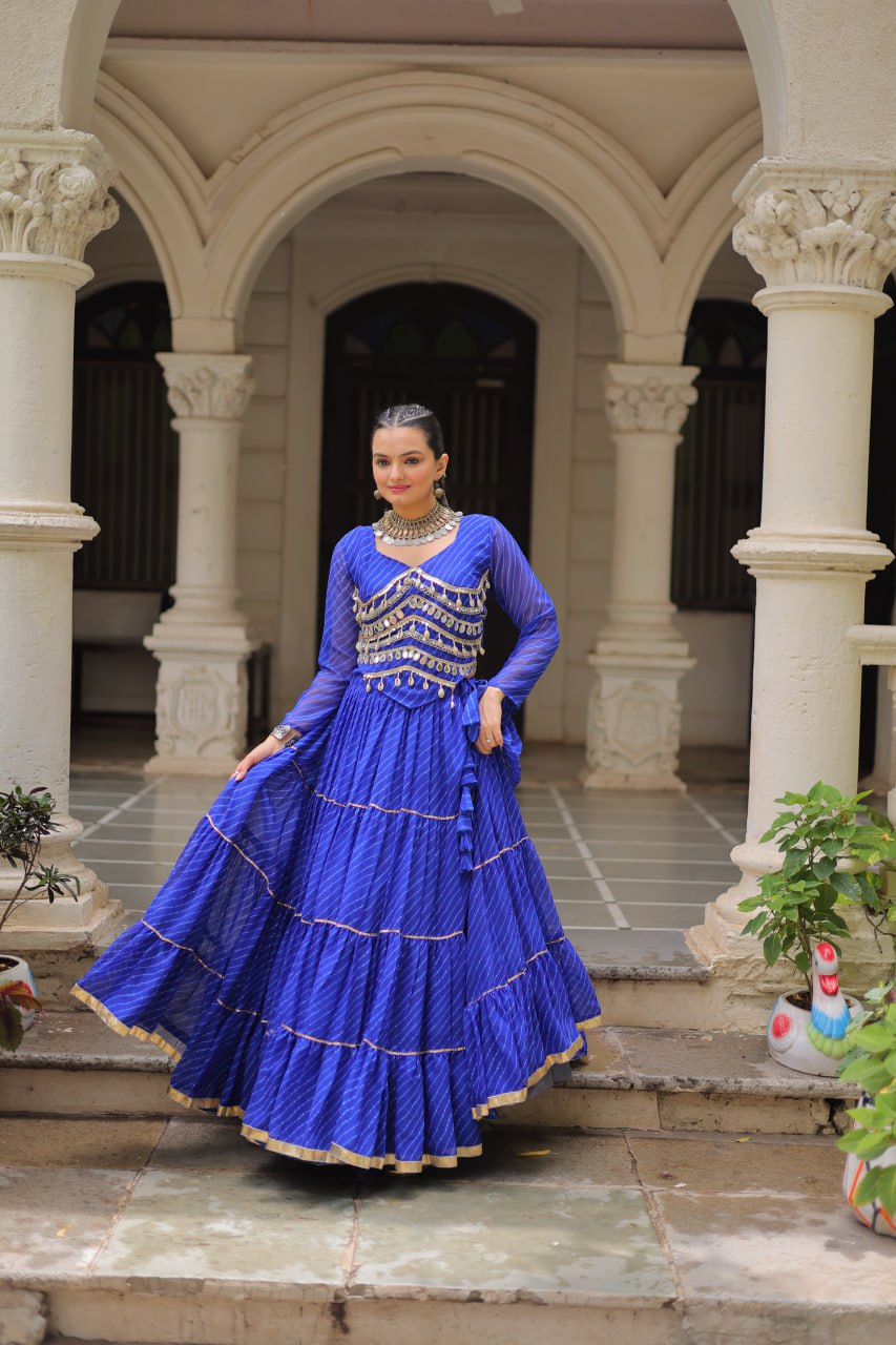 Blue Navratri Special Leheriya Print Lehenga Choli with 12 Mtr Flair & Mirror Lace Work