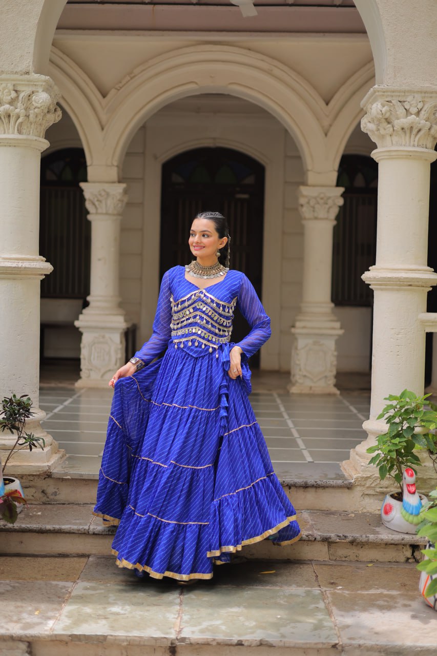 Blue Navratri Special Leheriya Print Lehenga Choli with 12 Mtr Flair & Mirror Lace Work