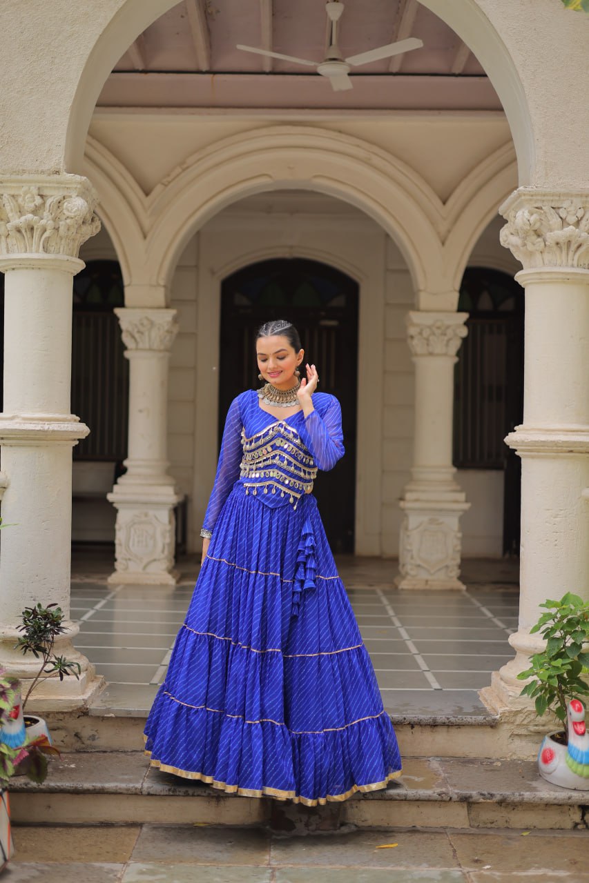 Blue Navratri Special Leheriya Print Lehenga Choli with 12 Mtr Flair & Mirror Lace Work