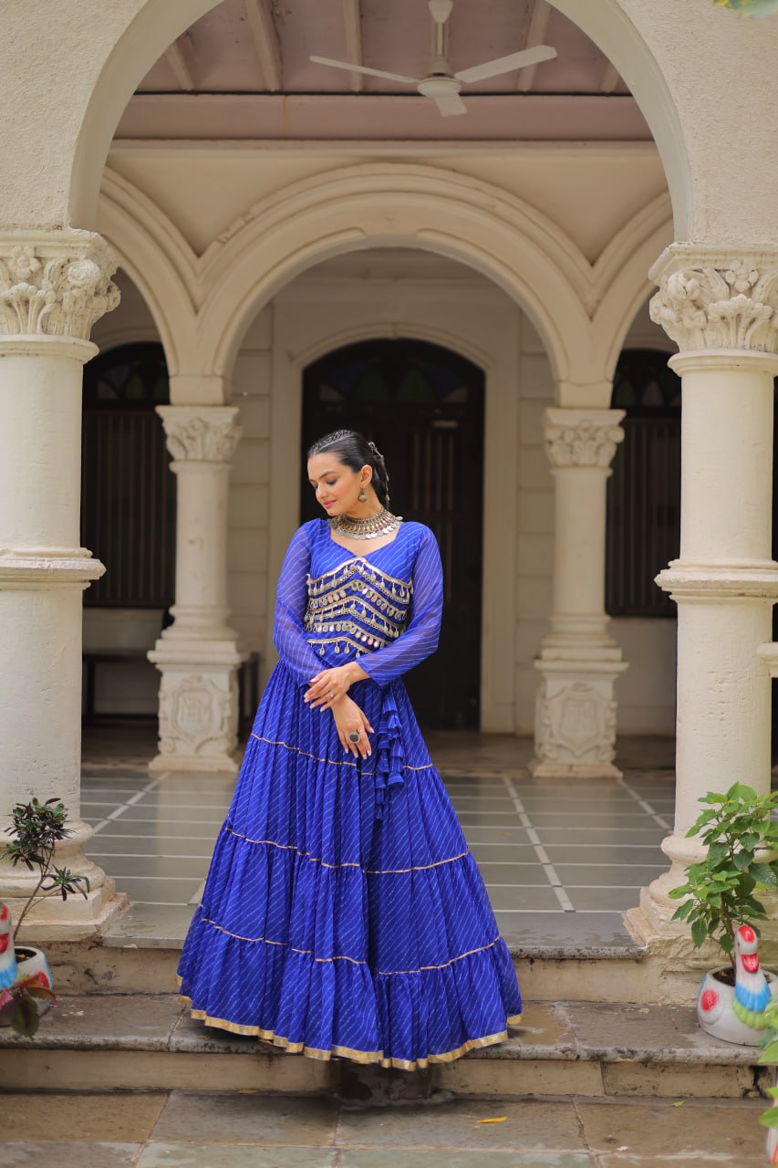 Blue Navratri Special Leheriya Print Lehenga Choli with 12 Mtr Flair & Mirror Lace Work