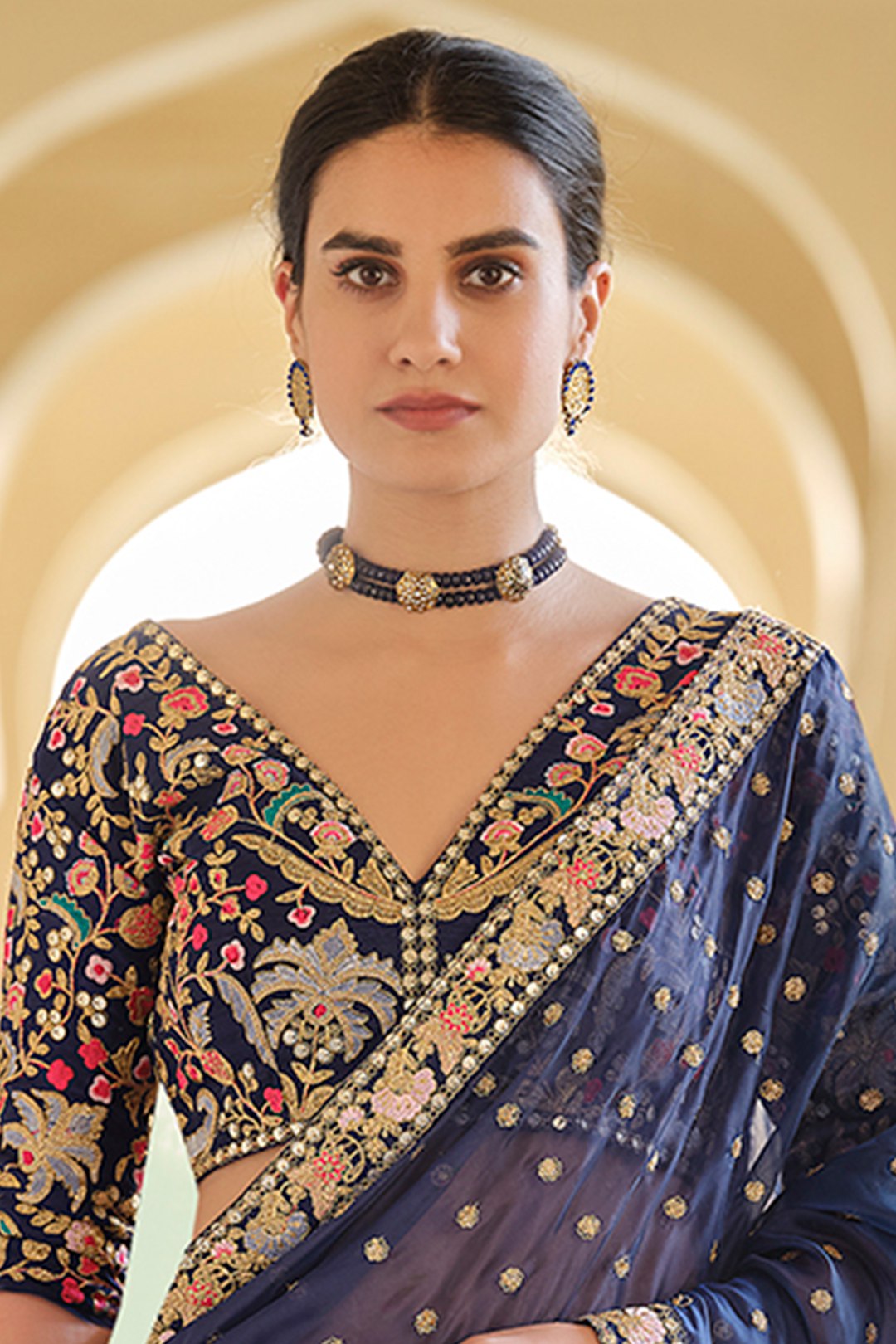 Blue Organza Saree with Zari, Thread & Sequins Work Unstitched Bangalori Silk Blouse
