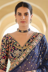 Blue Organza Saree with Zari, Thread & Sequins Work Unstitched Bangalori Silk Blouse