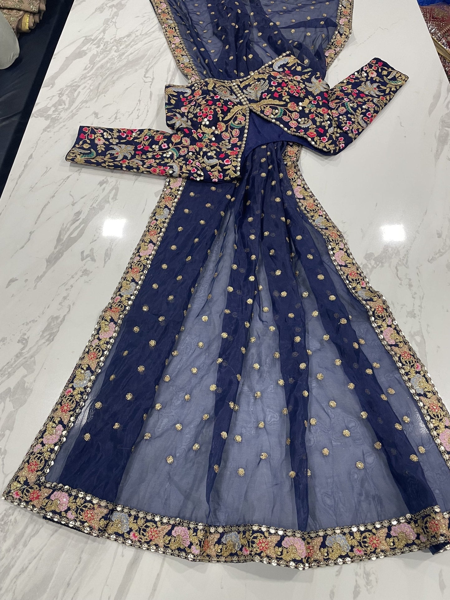 Blue Organza Saree with Zari, Thread & Sequins Work Unstitched Bangalori Silk Blouse