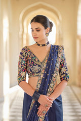 Blue Organza Saree with Zari, Thread & Sequins Work Unstitched Bangalori Silk Blouse