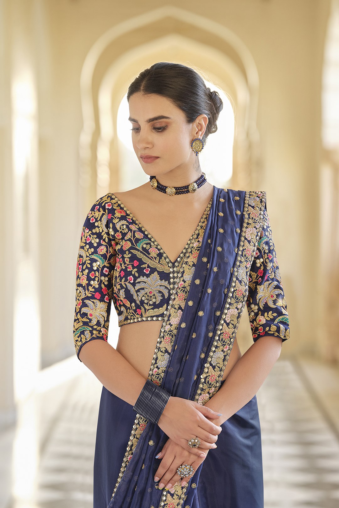 Blue Organza Saree with Zari, Thread & Sequins Work Unstitched Bangalori Silk Blouse