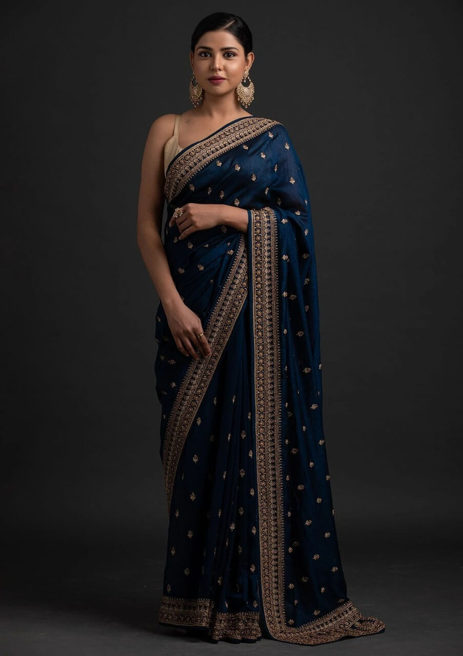 Blue Saree in Vichitra Silk with Dori And Sequence Work