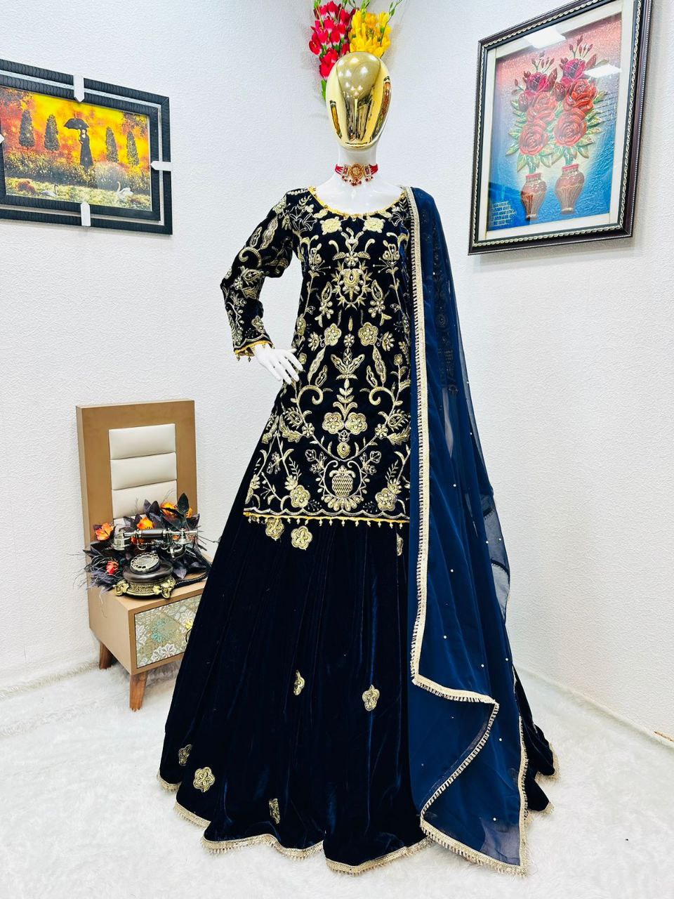 Blue Velvet Lehenga Choli with Embroidery Work